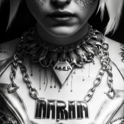 In the style of modern photography with mood lighting, a close-up photograph of a punk female neckline with only a large gothic chain necklace in the center, and the necklace has letters for charms which reads “INVADER KIM” sparkling in silver and diamonds.