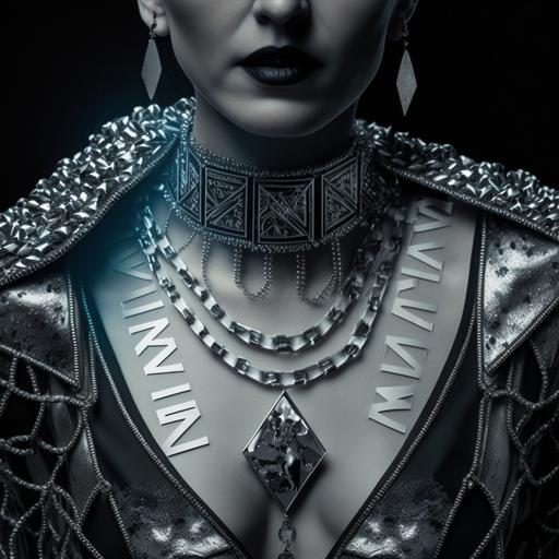 In the style of modern photography with mood lighting, a close-up photograph of a punk female neckline with only a large gothic chain necklace in the center, and the necklace has letters for charms which reads “INVADER KIM” sparkling in silver and diamonds.