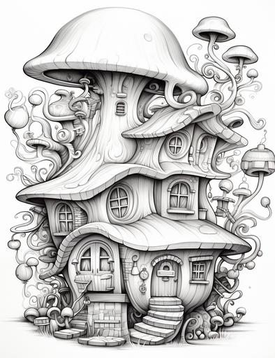 Funky hat house, in the style of jeremiah ketner, svetlin velinov, []( https: / / goo. gl/ search?artist% 20) , animated illustrations, 32k uhd, cute cartoonish designs, soft - edged, sharp focus, crisp lines, smooth black and white pencil drawing with soft shading, white clean background, adult coloring page. Face should be clear from any foreign lines, 8k --ar 85:110