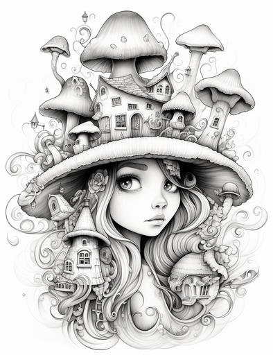 Funky hat house, in the style of jeremiah ketner, svetlin velinov, []( https: / / goo. gl/ search?artist% 20) , animated illustrations, 32k uhd, cute cartoonish designs, soft - edged, sharp focus, crisp lines, smooth black and white pencil drawing with soft shading, white clean background, adult coloring page. Face should be clear from any foreign lines, 8k --ar 85:110