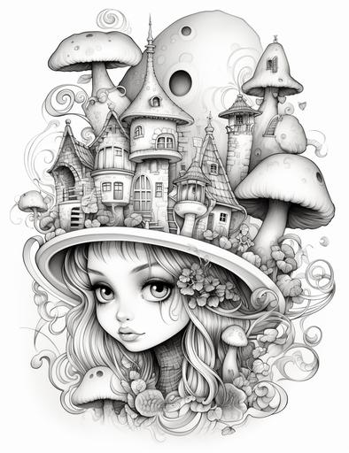 Funky hat house, in the style of jeremiah ketner, svetlin velinov, []( https: / / goo. gl/ search?artist% 20) , animated illustrations, 32k uhd, cute cartoonish designs, soft - edged, sharp focus, crisp lines, smooth black and white pencil drawing with soft shading, white clean background, adult coloring page. Face should be clear from any foreign lines, 8k --ar 85:110