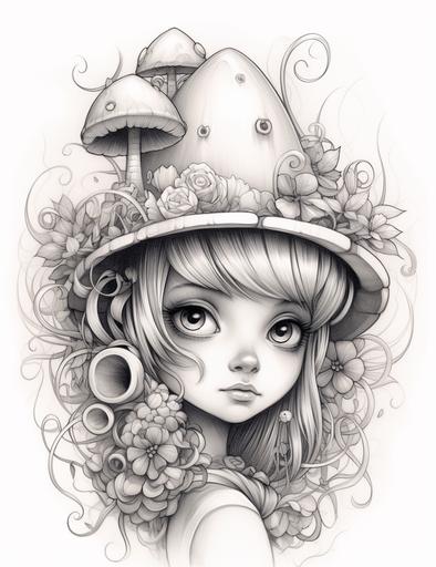 Funky hat house, in the style of jeremiah ketner, svetlin velinov, []( https: / / goo. gl/ search?artist% 20) , animated illustrations, 32k uhd, cute cartoonish designs, soft - edged, sharp focus, crisp lines, smooth black and white pencil drawing with soft shading, white clean background, adult coloring page. Face should be clear from any foreign lines, 8k --ar 85:110