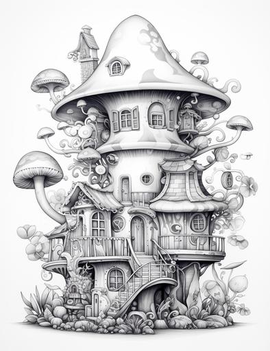 Funky hat house, in the style of jeremiah ketner, svetlin velinov, []( https: / / goo. gl/ search?artist% 20) , animated illustrations, 32k uhd, cute cartoonish designs, soft - edged, sharp focus, crisp lines, smooth black and white pencil drawing with soft shading, white clean background, adult coloring page. Face should be clear from any foreign lines, 8k --ar 85:110