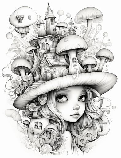 Funky hat house, in the style of jeremiah ketner, svetlin velinov, []( https: / / goo. gl/ search?artist% 20) , animated illustrations, 32k uhd, cute cartoonish designs, soft - edged, sharp focus, crisp lines, smooth black and white pencil drawing with soft shading, white clean background, adult coloring page. Face should be clear from any foreign lines, 8k --ar 85:110