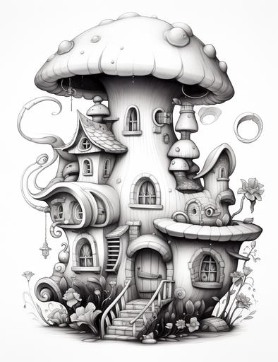 Funky hat house, in the style of jeremiah ketner, svetlin velinov, []( https: / / goo. gl/ search?artist% 20) , animated illustrations, 32k uhd, cute cartoonish designs, soft - edged, sharp focus, crisp lines, smooth black and white pencil drawing with soft shading, white clean background, adult coloring page. Face should be clear from any foreign lines, 8k --ar 85:110