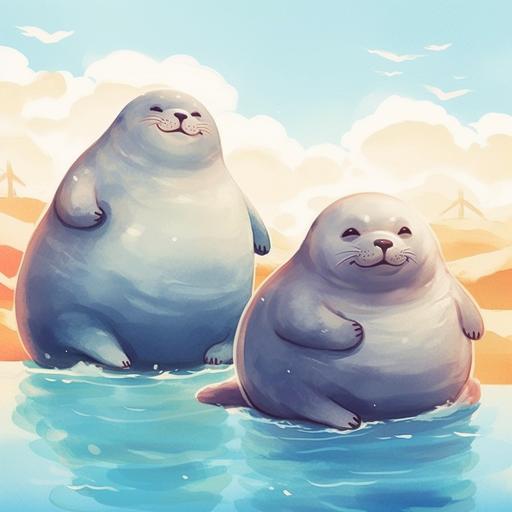 Funny and chubby seals basking in the sun.