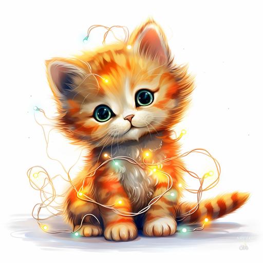 Funny cartoon Christmas Kitten with Christmas Lights, outline, white background , Ultra HD intricate details, 8K,
