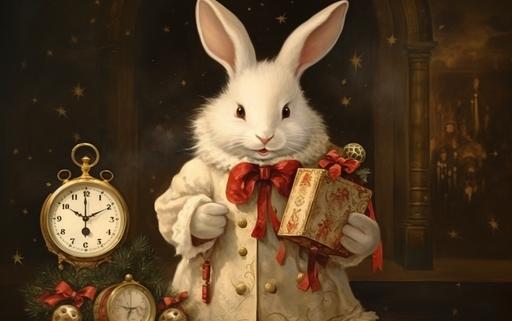Funny cute white rabbit holding Christmas gift and looking on the watch. Vintage Christmas card. --ar 16:10