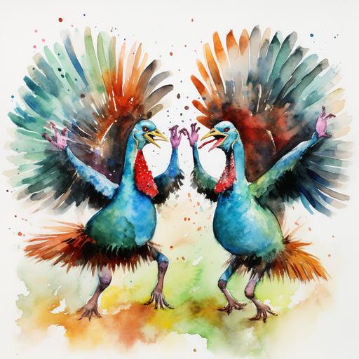 Funny dancing turkeys for thanks giving in a watercolor type image
