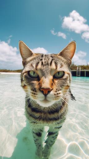 Funny detailed selfie of a cat chilling on bahamas, cat tax, photography, makro details --v 5 --ar 9:16 --q 2.5