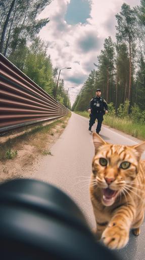 Funny detailed selfie of a cat running away from cops, cat tax, photography, makro details --v 5 --ar 9:16 --q 2.5