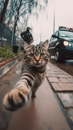 Funny detailed selfie of a cat running away from cops, cat tax, photography, makro details --v 5 --ar 9:16 --q 2.5