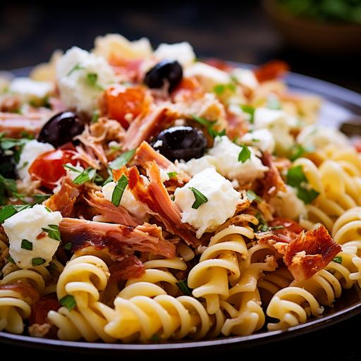 Fusilli pasta with Mozzarella cheese, Sun-dried tomatoes, Olives, Onions,Tuna, macro photo