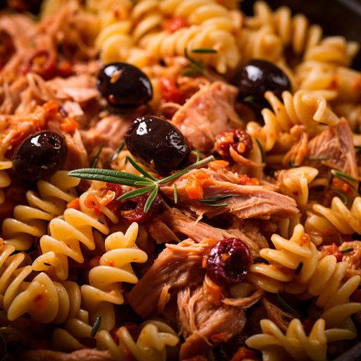 Fusilli pasta with Sun-dried tomatoes, Olives, Onions,Tuna, macro photo