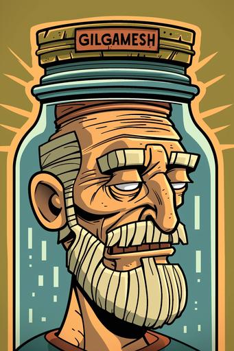 Futurama style Head in a Jar, cartoon style, Mesopotamian King Gilgamesh Head in the jar, 