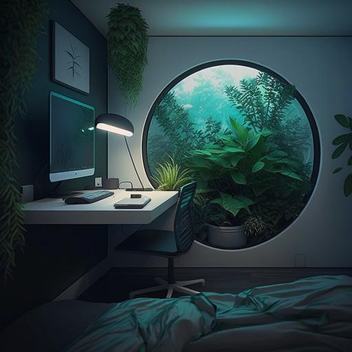 Futuristic Bedroom Jungle plants desk whiteboard Bed in corner nightstand no window