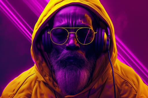 Futuristic angled portrait of an old man wearing high end fashion, brown skin, background is purple, clothing is minimal, ultra realistic, the guy is just slightly visible due to dark shadows, dramatic lighting, he’s wearing modern fashion chunky black frames. he's wearing a yellow hoodie, he's wearing over the ear headphones. --ar 3:2 --v 6.0