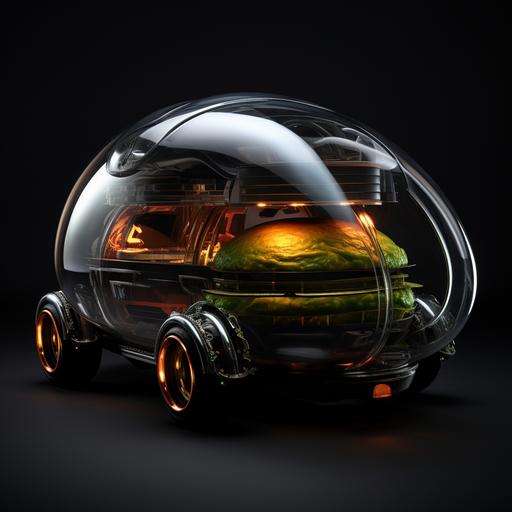 Futuristic black glass pickup, with 1 giant burger inside, alien mood