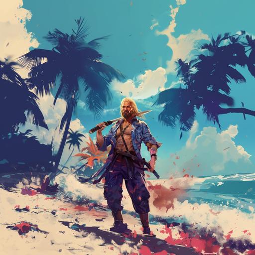 Futuristic male blonde pirate with beard, in blue Hawaiian shirt and vest, with Katana, comics style