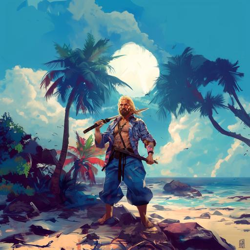 Futuristic male blonde pirate with beard, in blue Hawaiian shirt and vest, with Katana, comics style --v 6.0