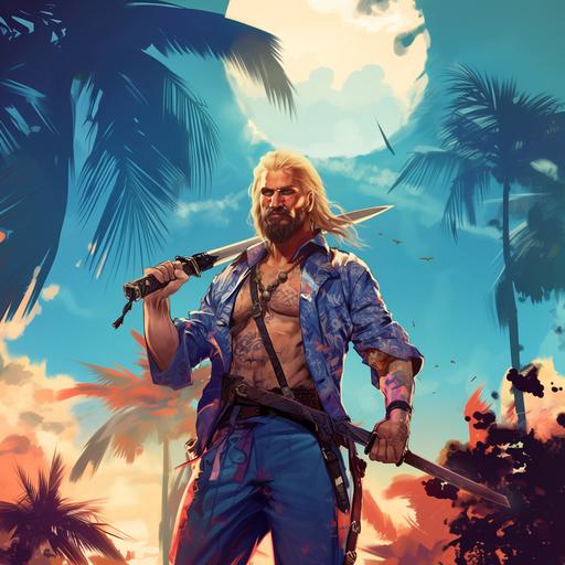 Futuristic male blonde pirate with beard, in blue Hawaiian shirt and vest, with Katana, comics style