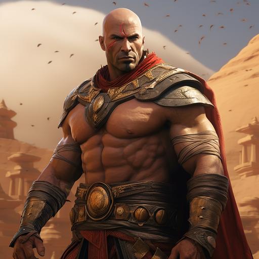 Futuristic male muscular big fat bald Arab pirate backdrop of Marvel Asgard