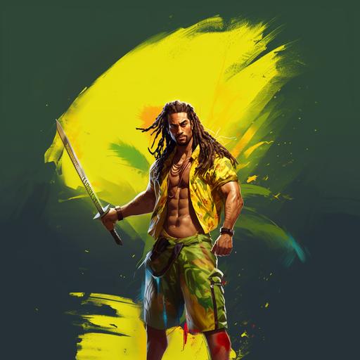 Futuristic male silly hippie Gay Samoan pirate with dreadlocks, in yellow Hawaiian shirt, with Katana, comics style