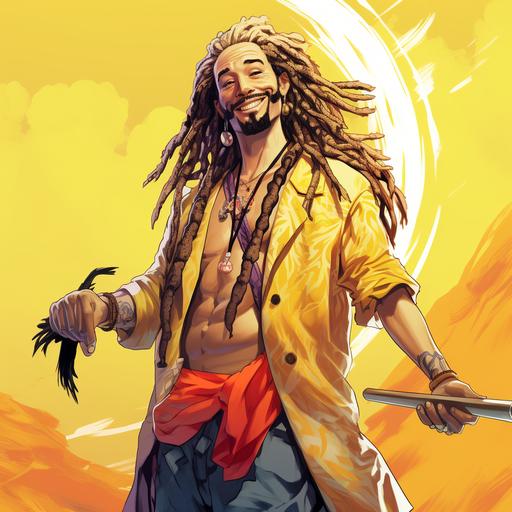 Futuristic male silly hippie Gay Wizard pirate with dreadlocks, in yellow Hawaiian shirt, with Katana, comics style