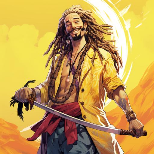 Futuristic male silly hippie Gay Wizard pirate with dreadlocks, in yellow Hawaiian shirt, with Katana, comics style