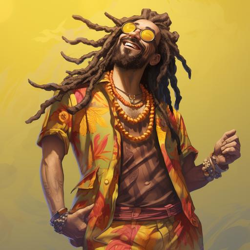 Futuristic male silly hippie Gay wizard pirate with dreadlocks, in yellow Hawaiian shirt, comics style