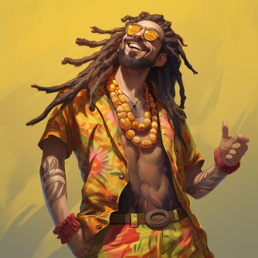 Futuristic male silly hippie Gay wizard pirate with dreadlocks, in yellow Hawaiian shirt, comics style