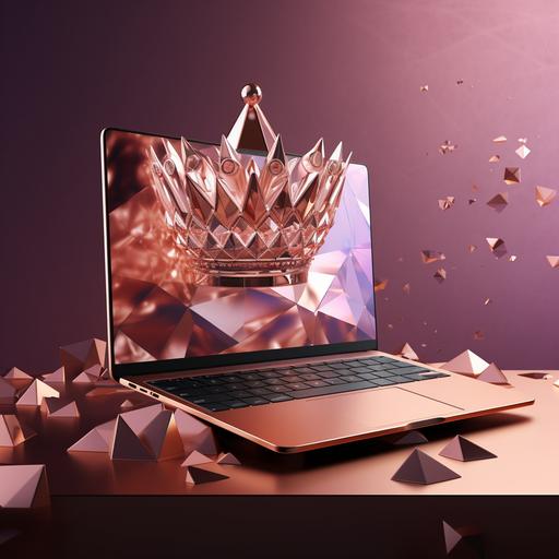Futuristic marketing image only using colors metallic rose gold, HEX #cba3b2, HEX #4a1539 and HEX #FAF0DC. A crystal with the sembianze of a Queen's Crown sitting on an open Macbook laptop. Disney animation with hyper realism. Gradiant background.