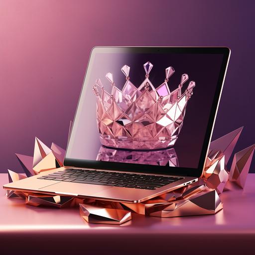 Futuristic marketing image only using colors metallic rose gold, HEX #cba3b2, HEX #4a1539 and HEX #FAF0DC. A crystal with the sembianze of a Queen's Crown sitting on an open Macbook laptop. Disney animation with hyper realism. Gradiant background.