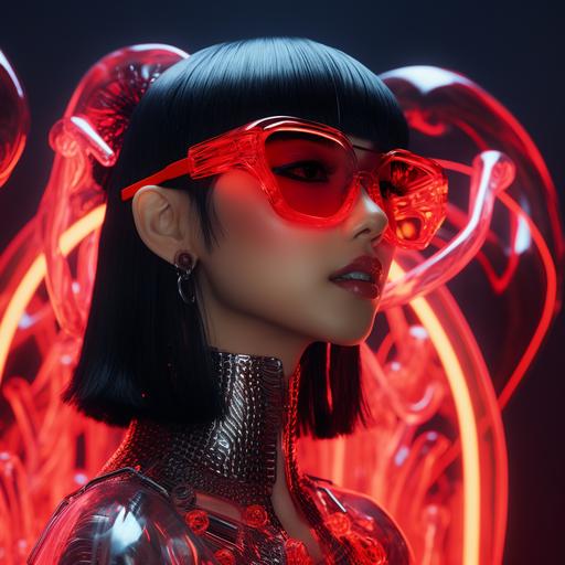 Futuristic modern black hair asian lady   neon transparent razor sunglasses   bangs   red chopsticks In her ponytail   glowing jelly fishes   cinematic fish shop   neon lighting   hypermaximalist   cool   amazing   octane render   ambient oclusion   8k   realistic   clear   defined