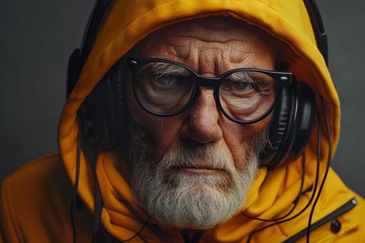 Futuristic portrait of an old man wearing high end fashion, background is grey, clothing is minimal, ultra realistic, the guy is just slightly visible due to dark shadows, dramatic lighting, he’s wearing modern fashion chunky black frames. he's wearing a yellow hoodie, he's wearing over the ear headphones. --ar 3:2 --v 6.0
