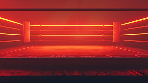 Futuristic silhouette boxing ring with logo sponsors on the corner pads, the background is red and orange, the aesthetic is minimal, hyperrealistic scene, the boxing ring is visible due to dark shadows. --ar 16:9 --v 6.0