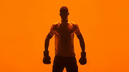 Futuristic silhouette of a guy wearing boxing gloves and an orange t-shirt, the background is orange, the clothing is minimal, hyperrealistic scene, the guy is just slightly visible due to dark shadows,. --ar 16:9 --v 6.0