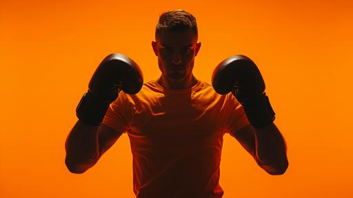 Futuristic silhouette of a guy wearing boxing gloves with his guard up and an orange t-shirt, the background is orange, the clothing is minimal, hyperrealistic scene, the guy is just slightly visible due to dark shadows,. --ar 16:9 --v 6.0