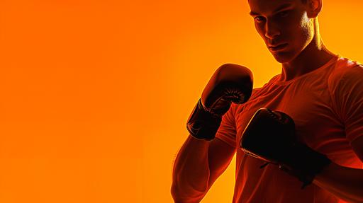 Futuristic silhouette of a guy wearing boxing gloves with his guard up and an orange t-shirt, the background is orange, the clothing is minimal, hyperrealistic scene, the guy is just slightly visible due to dark shadows,. --ar 16:9 --v 6.0