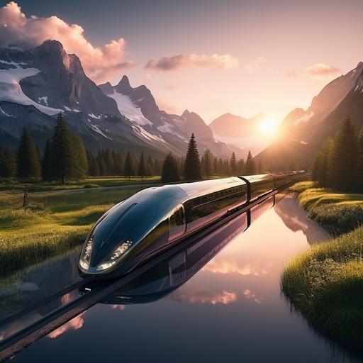 Futuristic train, driving in mountain area in switzerland, Sunset behind the mountains, small lake