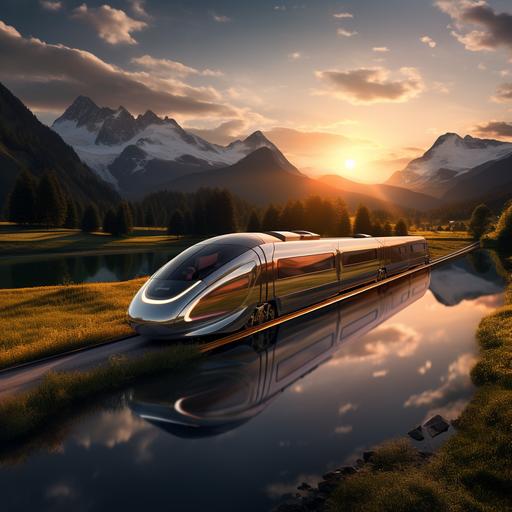 Futuristic train, driving in mountain area in switzerland, Sunset behind the mountains, small lake