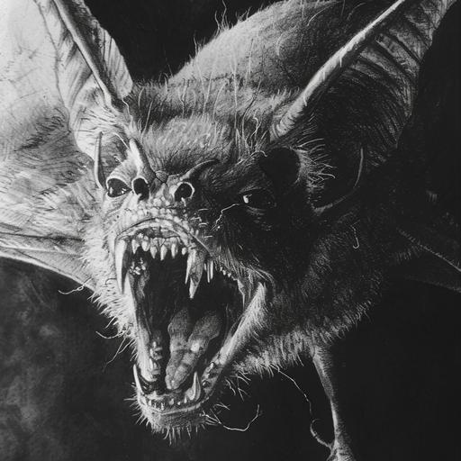 Fuzzy, warped, and Psychedelic Black and white pencil sketch artwork of a Bat with sharp teeth looking forward. Mouth open.