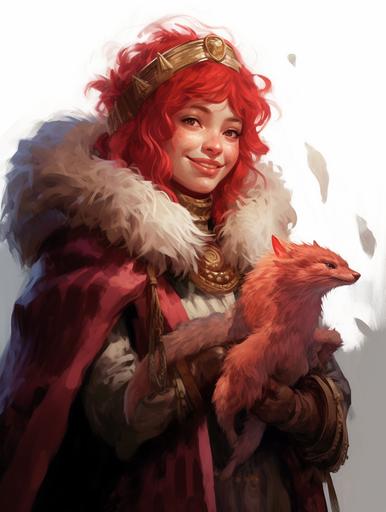 A full body digital character portrait of a female hafling with red hair and a Mongolian fur hat, by Sparth, she has a wooden wizard's wand and a baby red dragon perched on her shoulder, she is wearing red layered robes and bohemian jerwelry, she has fantasy features and a broad smile and squinting eyes, Dungeons and Dragons fantasy art, freckles, expressive silhouette, great design, insane detail, cinematic lighiting, vivid brush strokes, magical aura, there is a windswept plain in the background, --q 5 --ar 9:12 --s 1000 --c 10 --upbeta