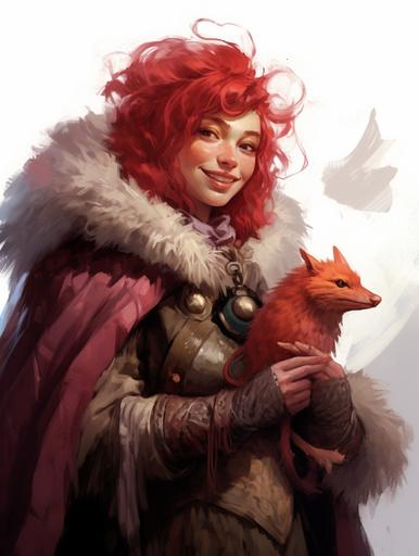 A full body digital character portrait of a female hafling with red hair and a Mongolian fur hat, by Sparth, she has a wooden wizard's wand and a baby red dragon perched on her shoulder, she is wearing red layered robes and bohemian jerwelry, she has fantasy features and a broad smile and squinting eyes, Dungeons and Dragons fantasy art, freckles, expressive silhouette, great design, insane detail, cinematic lighiting, vivid brush strokes, magical aura, there is a windswept plain in the background, --q 5 --ar 9:12 --s 1000 --c 10 --upbeta
