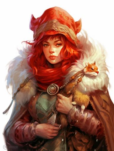 A full body digital character portrait of a stout female hafling with red hair and a Mongolian fur hat, by Sparth, she has a wooden wizard's wand and a baby red dragon perched on her shoulder, she is wearing red layered robes and bohemian jerwelry, she has fairy tale features and a broad smile and squinting eyes, Dungeons and Dragons fantasy art, freckles, expressive silhouette, great design, insane detail, cinematic lighiting, vivid brush strokes, magical aura, there is a windswept plain in the background, --q 5 --ar 9:12 --s 1000 --c 10 --upbeta