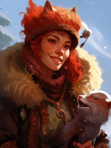 A full body digital character portrait of a stout female hafling with red hair and a Mongolian fur hat, by Sparth, she has a wooden wizard's wand and a baby red dragon perched on her shoulder, she is wearing red layered robes and bohemian jerwelry, she has fairy tale features and a broad smile and squinting eyes, Dungeons and Dragons fantasy art, freckles, expressive silhouette, great design, insane detail, cinematic lighiting, vivid brush strokes, magical aura, there is a windswept plain in the background, --q 5 --ar 9:12 --s 1000 --c 10 --upbeta