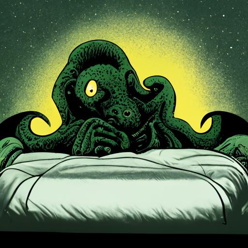 cthulhu laying on a bed talking on the phone, 90s comic style