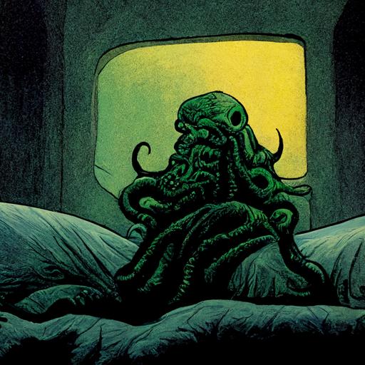 cthulhu laying on a bed talking on the phone, 90s comic style