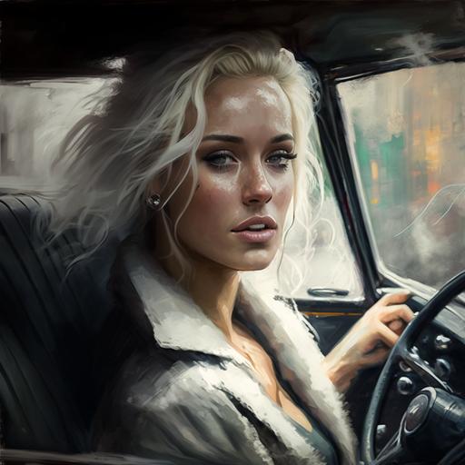 hot blond girl driving London taxi whote smoking cigar