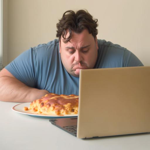Fat and sad guy eating Lasagne alone